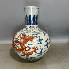 Pair of Antique Chinese Hand-Painted *Wucai* Dragon *Tianqiuping* Vases picture