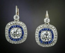 Art Deco Cushion Lab Created Diamond & Sapphire Wedding White Gold Finish Ring picture