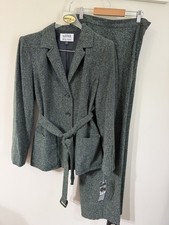 Vintage Kasper Green Black Tweed Belted Pant Suit Blazer Slacks 10P NOS picture