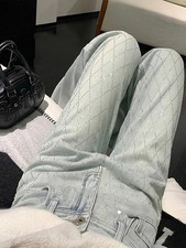 Women Blue Baggy Plaid Jeans Vintage Y2k Cowboy Pants Harajuku Aesthetic Denim T picture
