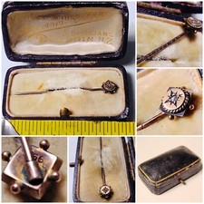Antique 1880-1910 14ct Gold Diamond Stick Pin 5.1cm in Original Box Dunedin N.Z picture