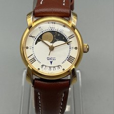 Vintage Guess Womens Watch 24mm Moon Phase Brown Leather Date New Battery picture