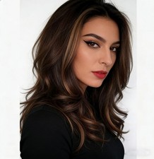 Women Dark Brown w/Gold Highlight Ombre Shoulder Length Curly Hair Wig-&## picture