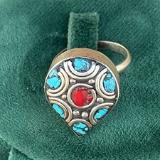 Vintage Victorian ring Silver Engraved Turquoise Stone Size 8.5 picture