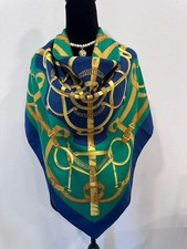 Hermes Silk Scarf Carré 90 Navy Green Hand Rolled Made in France picture