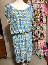Cato Women’s XL Blue Green Abstract Knit Shift Dress Cap Sleeve Scoop Neck picture