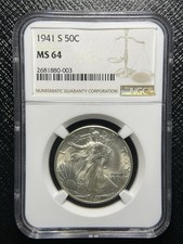 1941 S NGC MS64 Walking Liberty Silver Half Dollar US Mint Blast White - 51057 picture