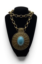 Vintage 1970s Etruscan Revival Gold Tone Faux Turquoise Statement Necklace 33” picture