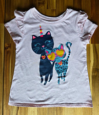 365 Kids Girls Pink Ruffle Sleeve Graphic Cat Unicorn Tee Crew Tagless Sz 10 picture