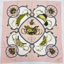 Hermes Carre 90 Silk Scarf SPRINGS Carriage Print Pink Very Good picture