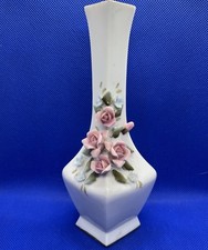 Vintage Arco China Bud Vase white with 3D hand-painted pink roses 6