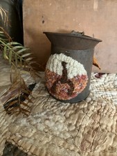 PRIMITIVE ~Handmade ~Wool Rug Hooking~ FALL PUMPKIN On Antique/Old Rusty Pitcher picture
