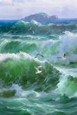 Original Hand Painted Ocean Wave Painting, Seagulls, 16x24 Rolled Canvas picture