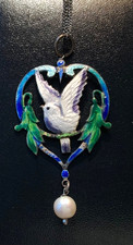 GORGEOUS Antique*STERLING*HP ENAMEL* PEARL* BIRD/DOVE*Pendant NECKLACE picture