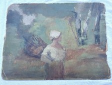 Antique early 19th c French Impressionist Oil Painting Peasant Women “Un Circle” picture