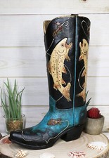 Western Fishing Angler Bass Fishes Cowboy Cowgirl Boot Vase Planter Figurine picture