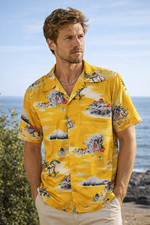 Brad Pitt Cliff Booth Yellow Hawaiian Shirt Vintage Aloha Button Up Men picture
