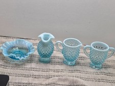 Vintage Fenton Blue Opalescent Hobnail Vase , bowl, sugar and creamer dishes picture
