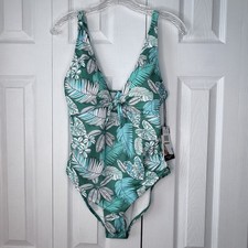 NWT Nicole Miller One Piece Swimsuit Large Green Tropical Palm Leaf Floral NEW picture