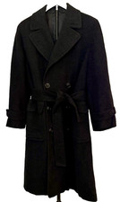 Vtg 1940s Rockora Mens Black Wool Double Breasted Overcoat Belted 43