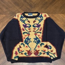 Vintage Harolds Hand Knit Cotton Floral Intarsia Sweater Black Yellow S/M picture