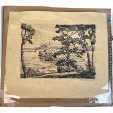 R. Eschke Signed Landscape Etching Pine Trees Coastal Scene Antique Print picture