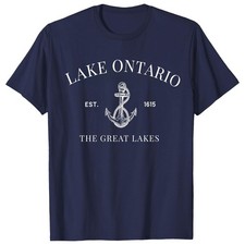 Lake Ontario EST 1615 Tee Vintage Great Lakes Anchor Graphic T-Shirt Travel Tee picture