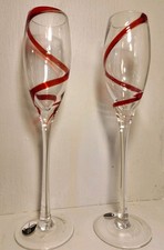 Discontinued PIER 1 Champagne Flute Glasses Red Swirl Long Stem 10.25