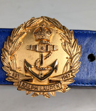 Vintage Ralph Lauren Nautical Crest Leather Belt 26 Blue & Gold - Italy picture
