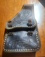 ​Vintage Western Leather Saddlebag Set Lot Tooled Purse Mirror Brush Curry Comb picture