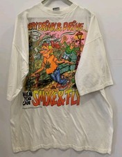 Vintage FoxTees Weed Stoner Humor T-Shirt XL White Smoke & Fly Graphic Tee #238 picture