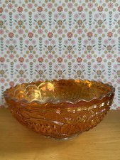 Vintage Marigold Carnival Glass Bowl Grape And Vine Scalloped Rim picture