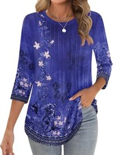 Womens 3/4 Sleeve Tunic Top Loose Fit Pleated Crew Neck Summer Casual Blouse picture