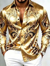 Men's Luxury Retro Baroque Gold Print Button-Up Shirt Elegant Party Fashion picture