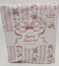 NEW Envogue 4-Piece QUEEN Sheet Set. Floral Stripe, Ivory Pink picture