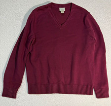 L.L.Bean Men’s L Burgundy Tight-Knit Cotton V-Neck Pullover Logo Sweater picture