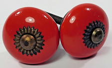 Lot 2 Vintage Red Ceramic Drawer Knobs Cabinet Pulls Handles Hardware picture