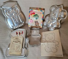 Vtg Wilton Aluminum Cake Pan Birthday Lot of 4 - 1970s 1980s Bears & Owl Molds picture
