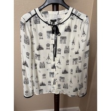 Talbots Petites Paris Print Tie Neck Blouse Ivory Black Long Sleeve PM NWT picture