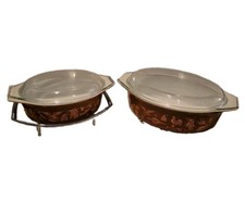 VTG Pyrex Early American 1. 5 2.5 Quart Oval Casserole Dish Brown Gold Ovenware  picture