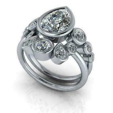 2.70Ct White Pear Cut CZ Bezel Set Wedding Ring Set In Solid 925 Sterling Silver picture