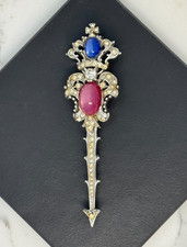 Vintage 1940s Coro Craft Scepter Brooch Pink Blue Cat Eye Rhinestone Crown Pin picture