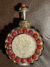Vintage  Tibetan Metal Handwork  Snuff Bottle w 2 Morgan Silver Dollars  picture