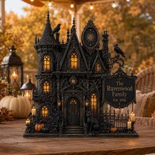 Personalized Gothic Family Wooden Block 2D Flat Custom Haunted House Halloween picture