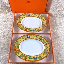 Vintage Hermes Paris Oval Plate La Siesta 22 x 16 cm Porcelain Set of 2 w/Case picture