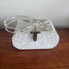 Vtg 50s Carved Lucite Handbag Clear Leaf Starburst Top White Confetti Body picture