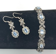 Vintage 90's Signed HAN THAI .925 Silver Blue Topaz and Marcasite Jewelry Set picture