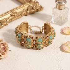 Vintage Turquoise Baroque Scroll Panel Bracelet, Antique Gold Rococo Cuff picture