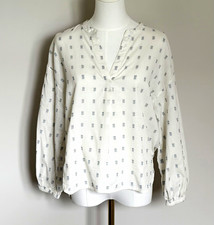 Madewell Women's Ivory/Blue Geometric Cotton Woven V-Neck Button Blouse M picture