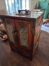 Vintage Chinese Wooden Jewelry Box with Jade Medallion Inlays and Brass Accents picture